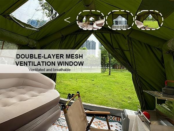 SENLEETO 4-Season Inflatable Family Tent AC Ready with Stove Jack Windproof Oxford Fabric Camping Pump for 8-10 People Spacious Two-Room Layout Foldable Electric Scooter Seat and Storage Stadium Back Support Port Heavy Duty Double Layer Cot Chair Cooler B