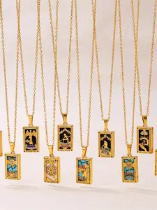 Viral on Ins! Aesthetic Vintage Tarot Necklace - Enamel Rectangular Pendant with Sparkling Zirconia on Stainless Steel Chain, Chic Valentine's Collarbone Chain, Jewelry Gift