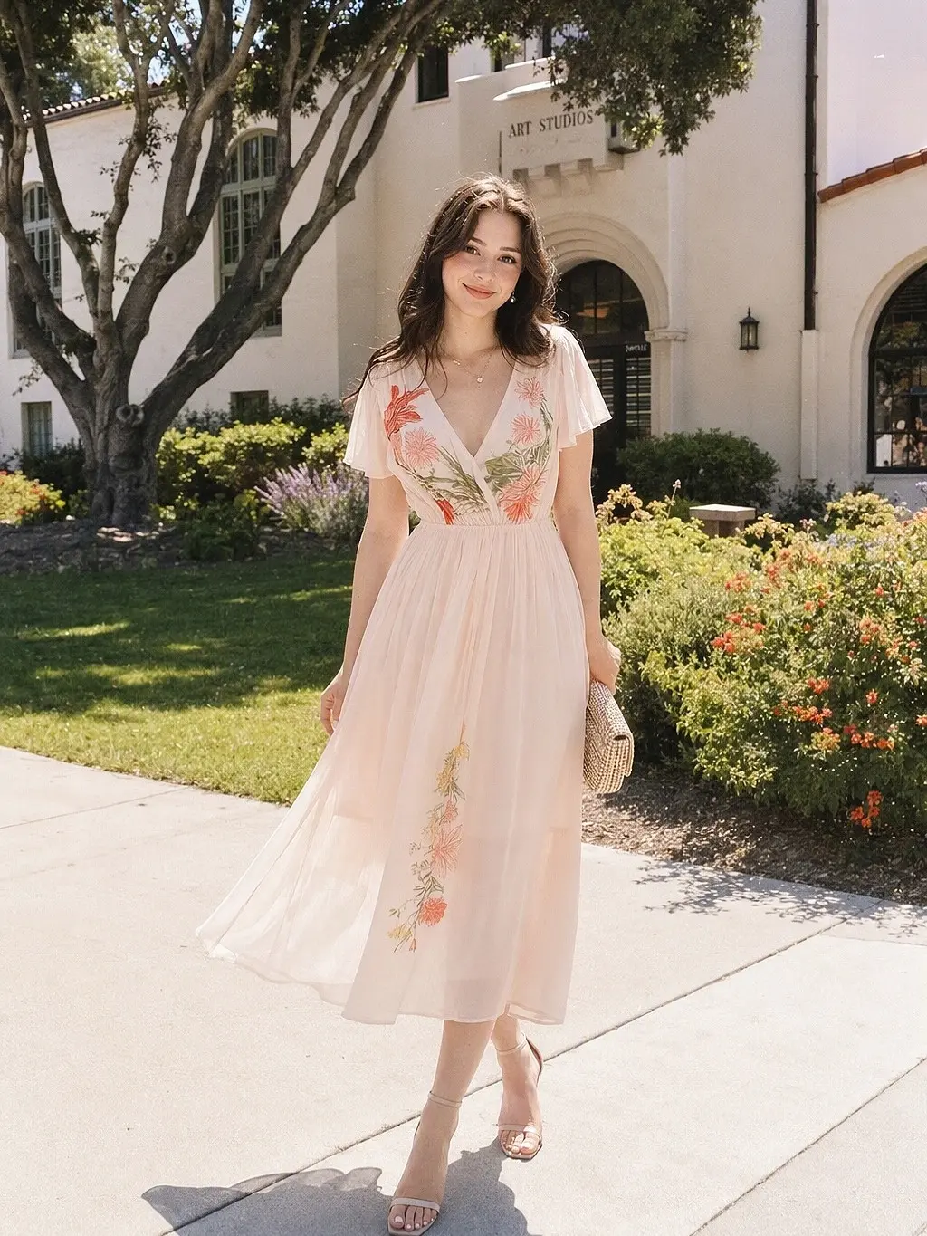 Pink 1940s V-Neck Ruffle Sleeve Floral Print Dress Holiday Wedding Guest Dress Fall Wedding Guest Outfit