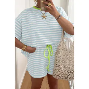 Sky Blue Stripe Contrast Neck Loose Tee and Drawstring Shorts Set