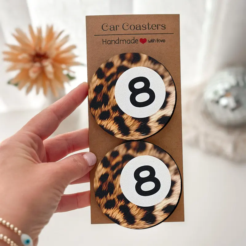 Leopard Print No. 8 Billiard Pattern Car Coasters - Leopard Car Accessories - Car Interior Accessory - Car Decor -2/4pcs Universal Fit with Anti-Spill Liner-Elegantly Packaged, Suitable as a Christmas or Birthday Gift for Both Men and Women