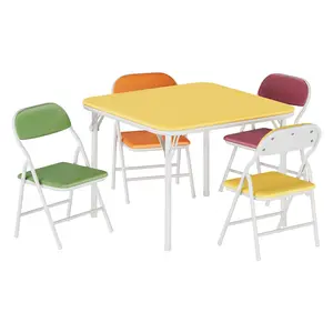 5-Piece Kids Folding Table and Chairs Set, Toddlers Children's Activity Table and Chairs Set for Dining Room, Daycare, Classrooms, Color/Beige/Black
