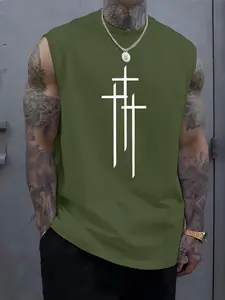 Men's Streetwear Trendy Vest, Cross Pattern Print Quick-Dry Breathable Fabric, Essential for Gym Sports Layering