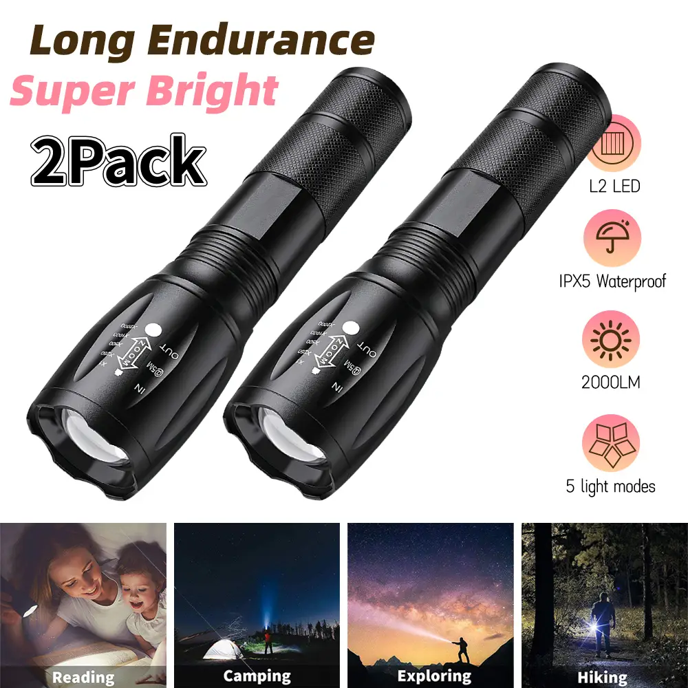 Flashlight, 5 Modes Tactical LED Flashlight, High Lumen IPX5 Zoomable LED Flashlight, Camping, and Outdoor Use (2 Pack)