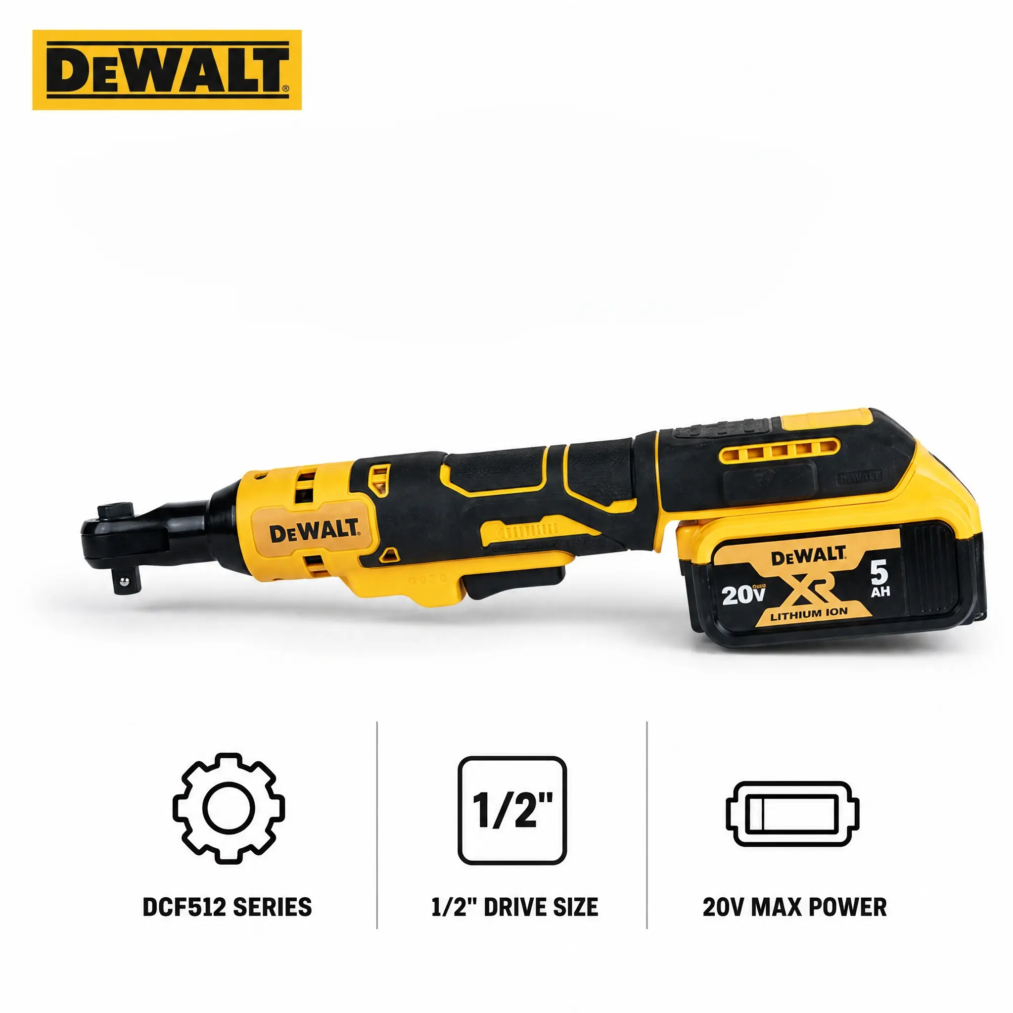 DEWALT DCF512 20V MAX Cordless Ratchet Wrench, 1/2 in Drive Hand Tool for Auto Techs, 95Nm Torque, Variable Speed Adjustment, LED Work Light, Safety Lock, Ball Detent Socket System