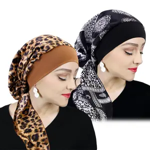 2PCS Set Printed Pre-tie Headscarf Women Elastic Muslim Female Turban Cancer Chemo Hat Hair Loss Cover Head Wrap Headwear Stretch Bandana