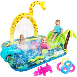 Inflatable Jungle Animal Play Center, Inflatable Water Park Kiddie Pool with Slide, Water Sprayer for Summer Outdoor Splash, Backyard and Garden 102.5"x75"x54.5"