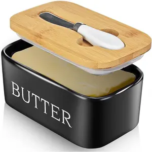 Large Ceramic Butter Dish with Lid Silicone Sealing Butter Keeper Container with Knife for Countertop Great Kitchen Gift for Home Decor Black
