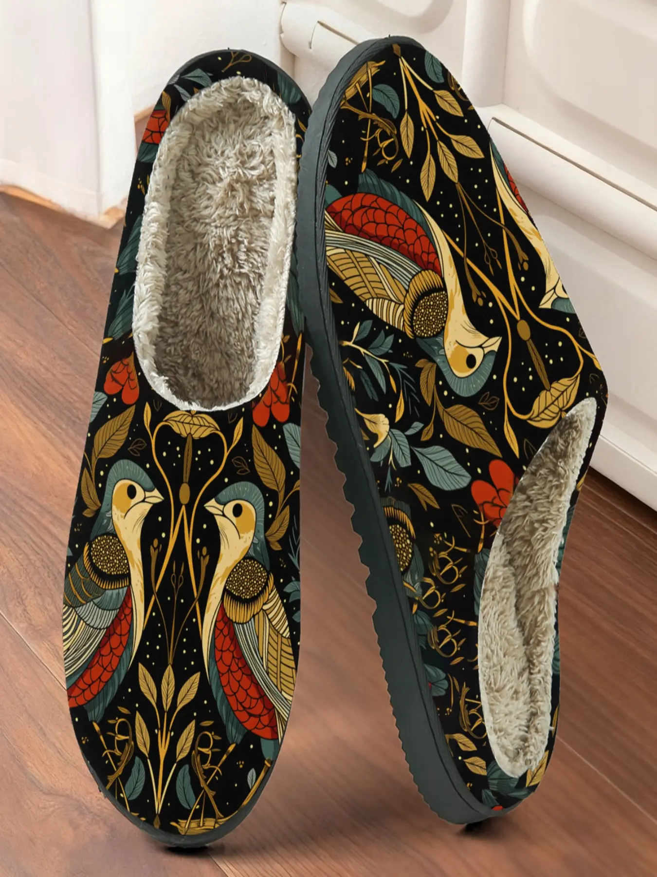 Vintage Art Floral Bird Plush Slippers, Warm Fleece Anti-Slip Thick Sole Comfort, Casual Home Party Shoes for Fall Winter