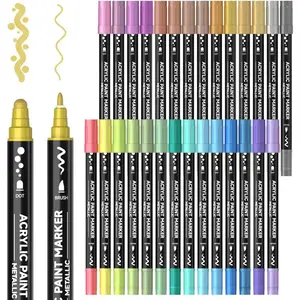 28 Metallic Colors Dual Tip Acrylic Markers, Dot Tip and Fine Tip Acrylic Paint Pens for Rock Painting, Ceramic, Wood, Canvas, Calligraphy, DIY Crafts