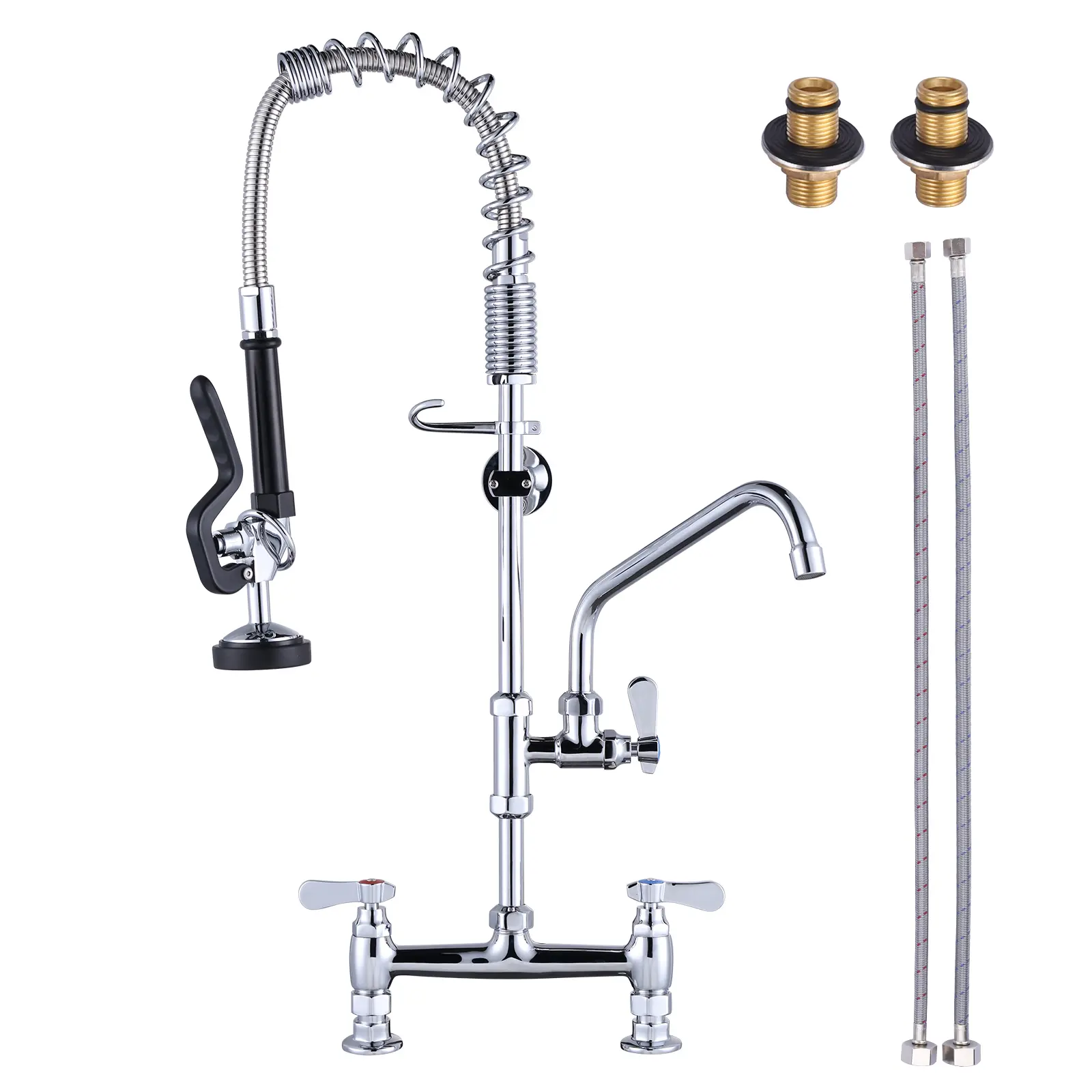 WOWOW Commercial Kitchen Faucet - Deck-Mount 8-in Center Model, 26-in Height, 10-in Add-On Swing Spout, Pre-Rinse Sprayer for Commercial Kitchens, Commercial Kitchen Faucets