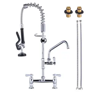 WOWOW Commercial Kitchen Faucet - Deck-Mount 8-in Center Model, 26-in Height, 10-in Add-On Swing Spout, Pre-Rinse Sprayer for Commercial Kitchens, Commercial Kitchen Faucets