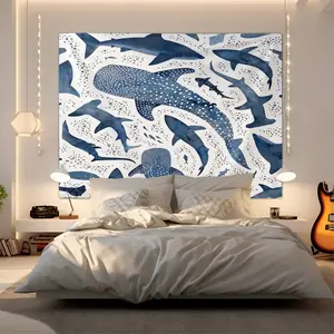 Blue Sharks and Whale Shark Digital Print Tapestry, Stunning Wall Hanging Tapestry, Seamless Marine Life Design, Perfect for Bedroom and Living Room Decor, Unique Watercolor Style Wall Tapestry, Ocean-Inspired Home Aesthetic, Durable Decorative Tapestry