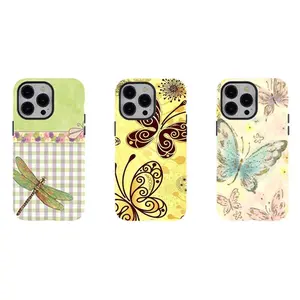 [No Magnetic]  Retro Floral Butterfly Dragonfly Phone Case,Coquette Fairy Aesthetic Tough phone Cover,Durable Dual-Layer design phone case,for iPhone 17 16 15 14 13 12 11 8 7 for Samsung Series,Shockproof Protective hard Cover,perfect gift for her