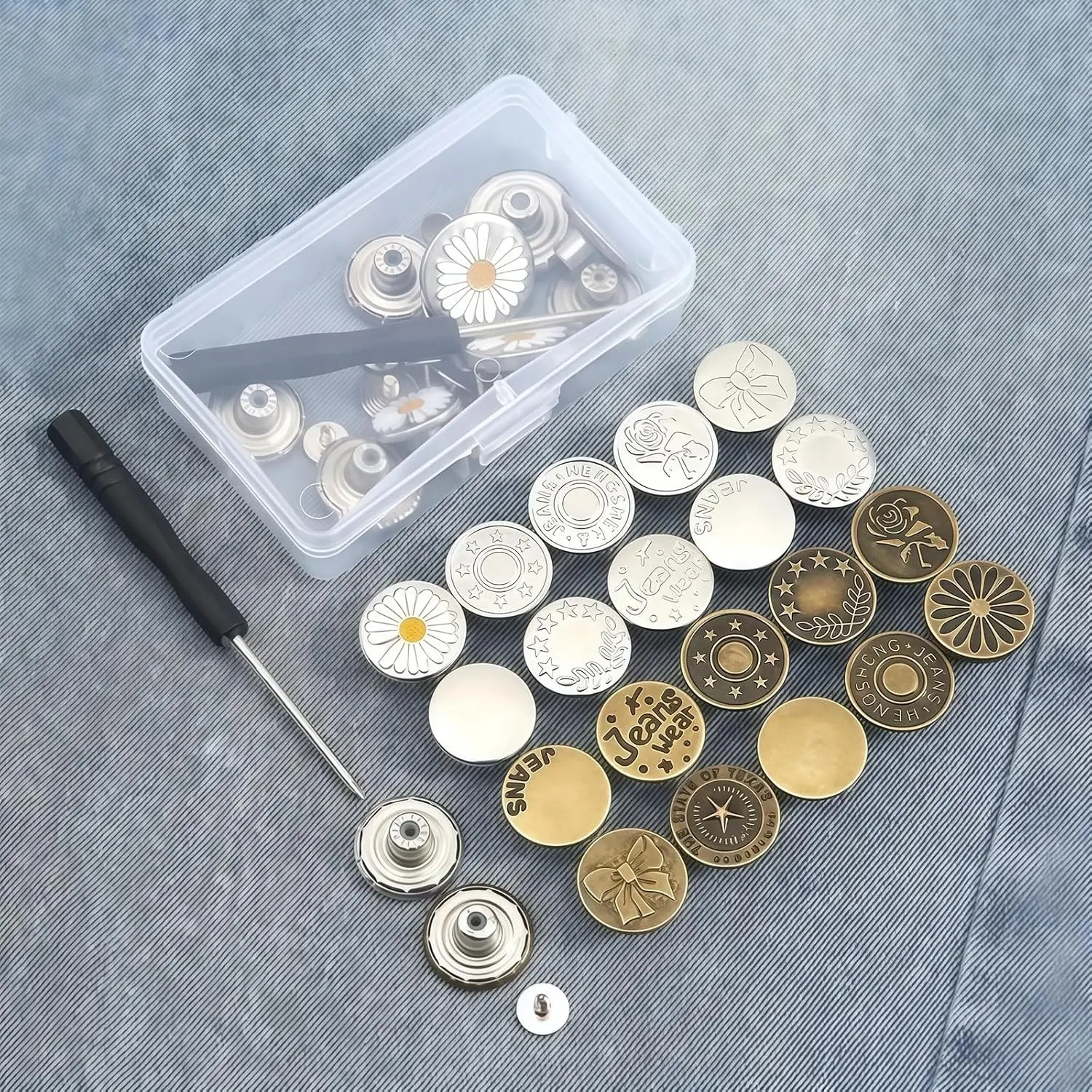 20pcs/set Adjustable Metal Jean Snap Tacks,No-Sew Nail-Less Removable Jeans Button Replacement Repair Kit with Thread Rivets, Button Parts, Button Closure