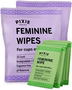 Pixie Menstrual Cup Wipes - Flushable, Biodegradable, pH Balanced & Unscented - Individually Wrapped Wipes for Feminine Care, On The Go & Public Bathrooms - Clean Your Menstrual Cup & Disc (40 Count)