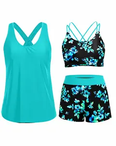 Women's 3-Piece Tankini Swimsuit Set - Tummy Control, Floral Strappy Bra, Loose Swim Tank Top, Athletic Boy Shorts Swimwear for Sports & Outdoor Use