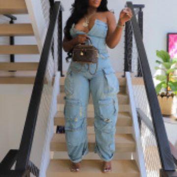 Women's Sexy Off Shoulder Tube Denim Cargo Jumpsuits Wide Leg Baggy Loose Jean Pants Rompers Overalls