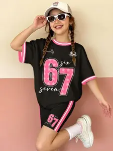Summer Girls' Fashion Drop Shoulder Short Sleeve Slim Shorts Set, Number 6 & 7 Print, Sport Style, Outdoor Wear, 2 Piece Set, Sporty Style Clothes, Workout Summer Clothes