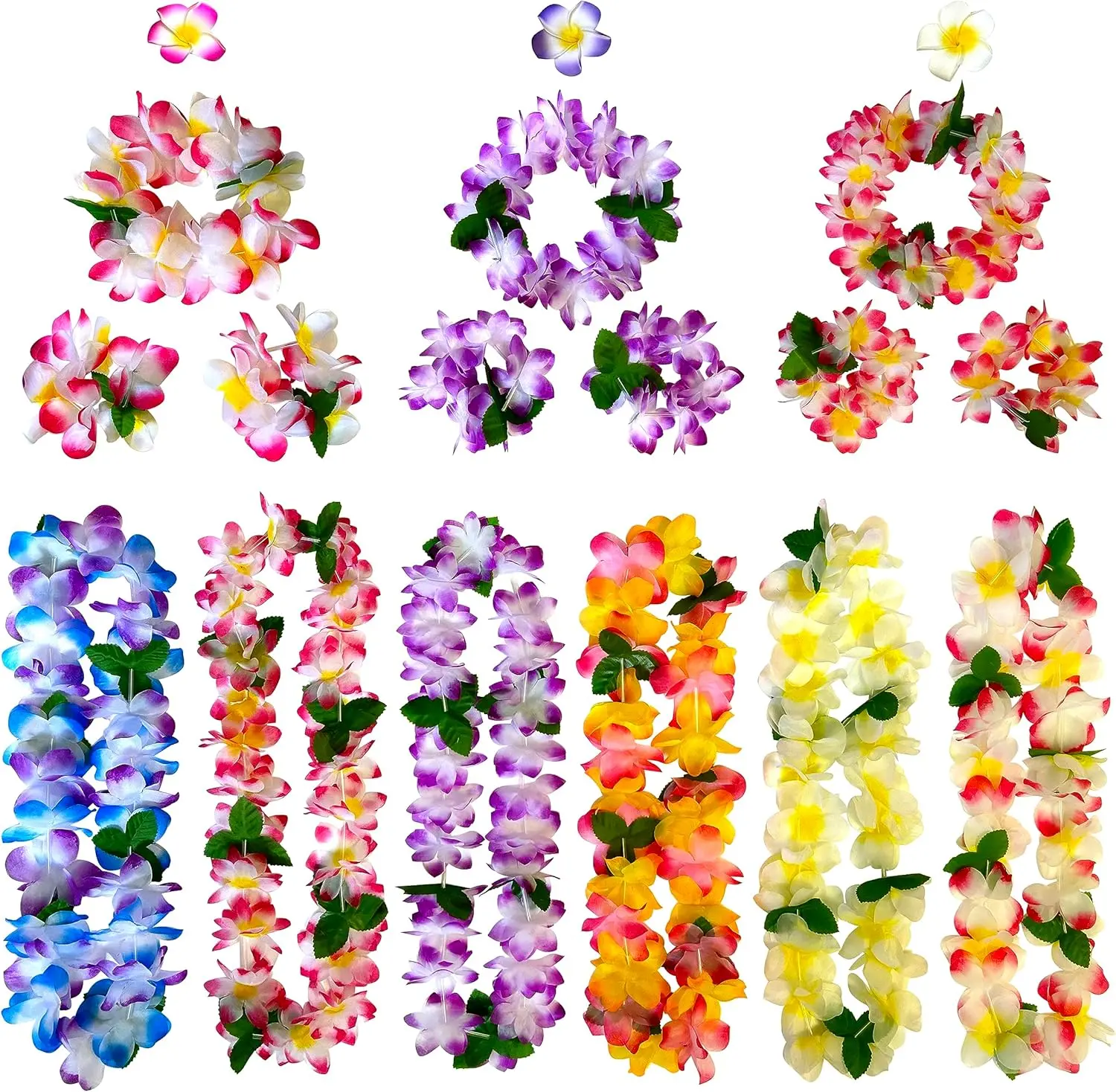 18-Count Tropical Hawaiian Leis Set, Handmade Polyester Flower Necklaces with 3 Headbands, Hair Clips & Wristbands for Cute Luau Party & Casual Beach Decor, 18 Counts, 6 Necklace Leis, Birthday