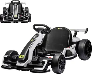 24V Electric Go Kart for Kids，Powerful Drift Kart with 2 * 150W Motors, Adjustable Seat, 8mph Speed, Led Lights ,Outdoor Riding Toy for Children Ages 6-15,White