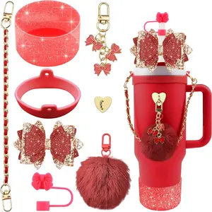 Bling Accessories for Stanley Cup 40oz & 30oz Tumbler including Silicone Cute Bow Straw Topper Cover, Silicone Boot for Stanley Cup,Leather Water Bottle Handle Strap, Charms(Burgundy)