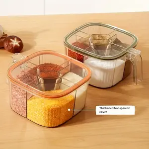 4-compartment acrylic kitchen spice storage box with a sealed flip lid and a stirring spoon - transparent blue with gold edges, transparent storage jar, suitable for seasonings and powdered ingredients - space-saving, dust-proof and moisture-proof, easy a