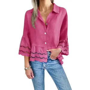 【US Shipping】Womens 3/4 Bell Sleeve Button Down Shirts Casual Ruffle Hem Tops Eyelet Blouse