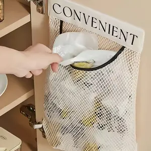 5pcs Kitchen Organization Must Haves Plastic Bag Holder, Hanging Mesh Grocery Bag Dispenser, Wall Mounted Trash Bag Storage Organizer for Reusable Bags