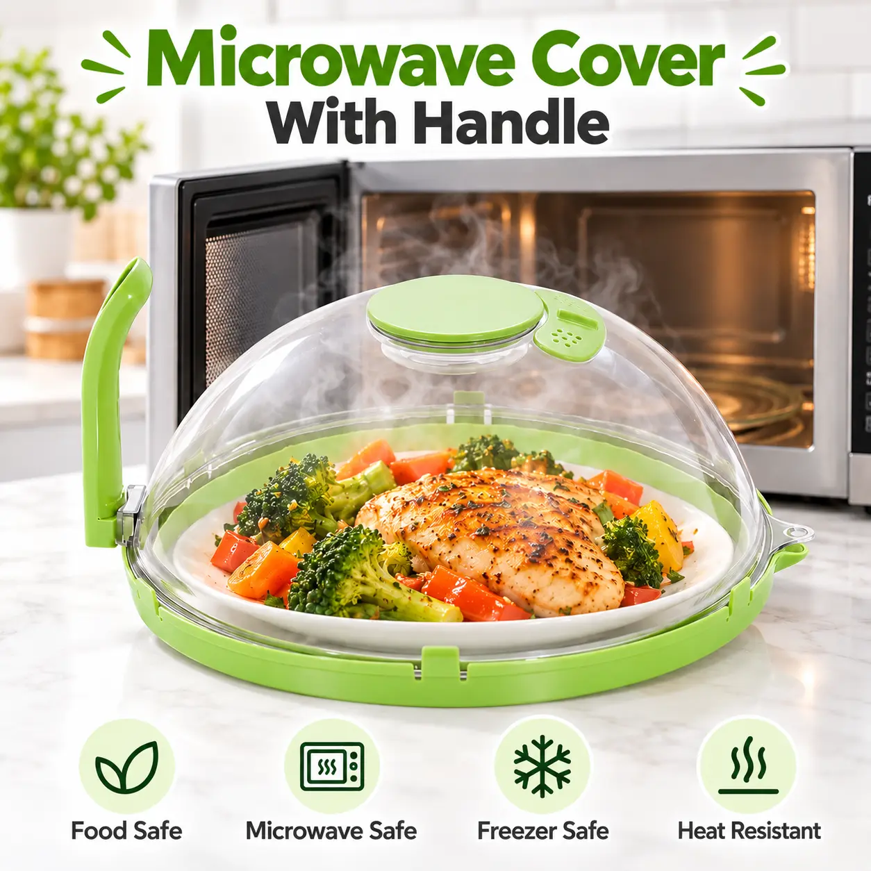 Microwave Food Cover with Easy-Lift Handle and Steam Vent, Reusable Splatter Guard for Plates and Bowls, Clear Dome Lid for Heating Chicken, Vegetables, Pasta, Leftovers and Everyday Meals
