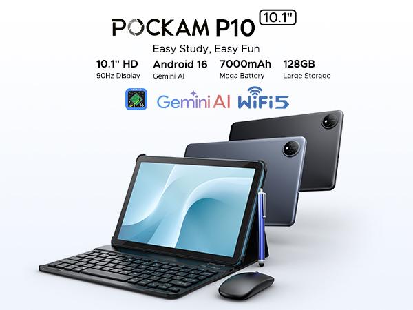 P10 10.1" Android 16 Tablet with Keyboard & Pen, case, 48GB+128GB, 7000mAh, 90Hz Display, Unisoc T310 Quad-Core, Dual Speakers, Gemini AI Tablet, Blue