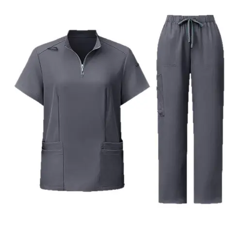 Women's Minimalist Basic 2-Piece Workwear Uniforms Scrubs Set - Unisex Fit, Stand Collar Zippered Front Top, Below Ankles Straight Leg Pants, Soft Fabric, All-Season, Multi-Size Medical & Sports Clothing