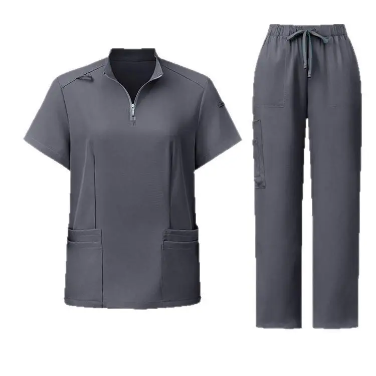 Women's Minimalist Basic 2-Piece Workwear Uniforms Scrubs Set - Unisex Fit, Stand Collar Zippered Front Top, Below Ankles Straight Leg Pants, Soft Fabric, All-Season, Multi-Size Medical & Sports Clothing