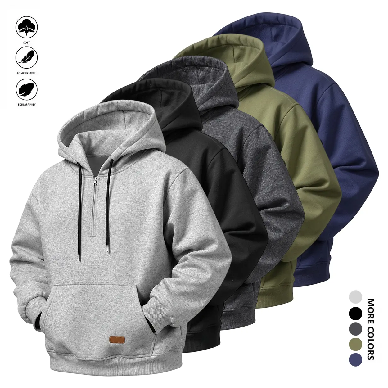 Men’s Plain Long-Sleeve Half-Zip Hoodie Sweatshirt - Menswear Tops with Kangaroo Pocket, Suitable for Autumn Winter Casual Streetwear