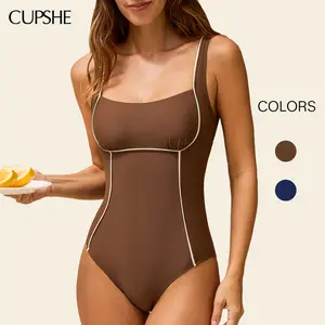 CUPSHE SCULPTING ONE PIECE Square Neck High Waist Tummy Control | Contour Seam Slimming Swimsuit & Adjustable Tie Back Open Back Design – 2026 Minimalist Body Shaping Beachwear #SummerVibes