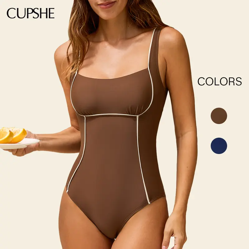 CUPSHE Women's Sculpting Square Neck High Waisted Swimsuit Bodysuit - Tummy Control, Contour Seam Slimming, Adjustable Tie Back Open Back, Solid Fabric, Mid Leg Cut 2026 Minimalist Beachwear for Active Beach Days, Comfortable Fit