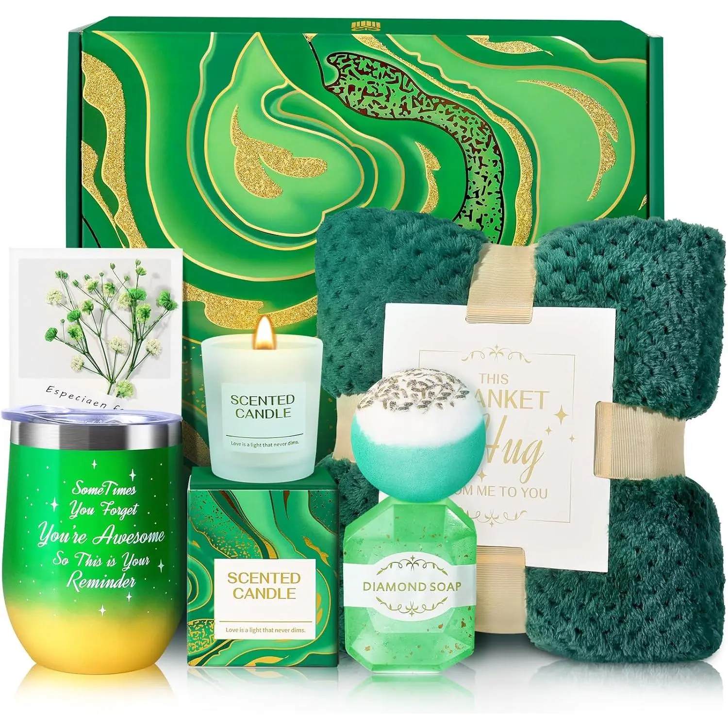 Birthday Gifts for Women, Mothers Day Gifts, Appreciation Gift Teacher & Nurse Get Well Soon Spa Retirement Gift Basket with Flannel Blanket for Mom, Grandma, Sister, Wife, Girlfriend, (green)