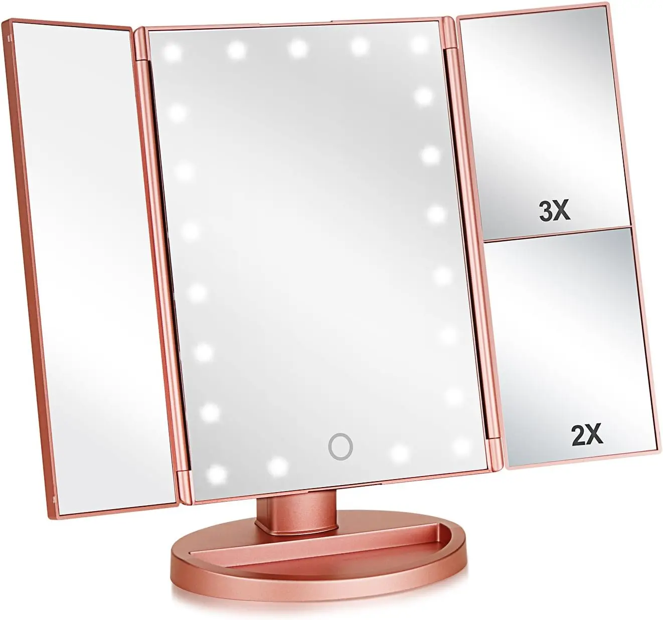 Tri-fold Lighted Vanity Makeup Mirror with 3x/2x Magnification,21 LEDs Light and Touch Screen,180 Degree Free Rotation Countertop  Mirror,Travel (Rose )