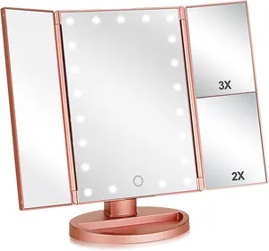 Tri-fold Lighted Vanity Makeup Mirror with 3x/2x Magnification,21 LEDs Light and Touch Screen,180 Degree Free Rotation Countertop  Mirror,Travel (Rose )