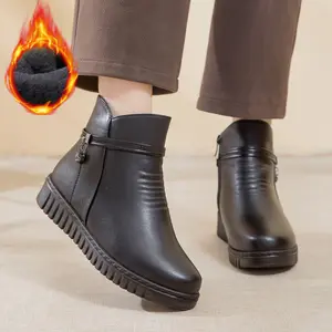 Women's Warm Faux Leather Ankle Boots with Fur Lining Soft Sole Side Zipper Winter Short Booties with Charm Pendant Footwear Girl Walking Shoes Black