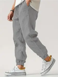 Men's Lightweight Linen Jogger Pants, Casual Elastic Waist Drawstring Trousers, Boho Comfy Trousers, Breathable Summer Beach Pants, Loose Fit Streetwear Joggers for Men, Casual Lounge Pants, Casual Outdoor Trouser
