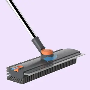 3-in-1 Floor Scrub Brush with Long Handle Stiff Bristle & Silicone Squeegee for Glass Mirrors Tile & Hard Surfaces Adjustable Handle 16" to 52" Swivel V-Shaped and Grout household items