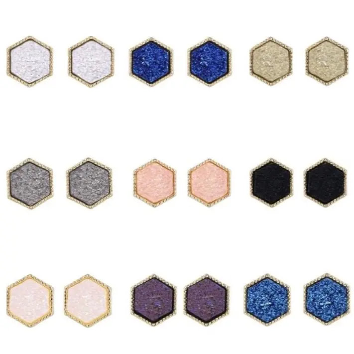 Sparkly Hexagon Druzy Stone Stud Earrings