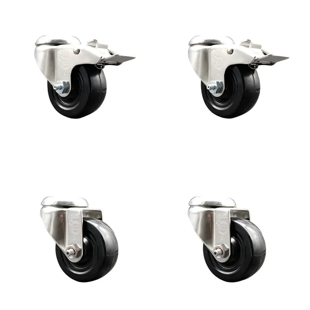 Service Caster SCC-SS316BHTTL20S314-SRS-2-S-2 Soft Rubber Swivel Bolt Hole Caster with 3 in. Black Caster Wheels - 316 Stainless Steel Casters - Set of 4