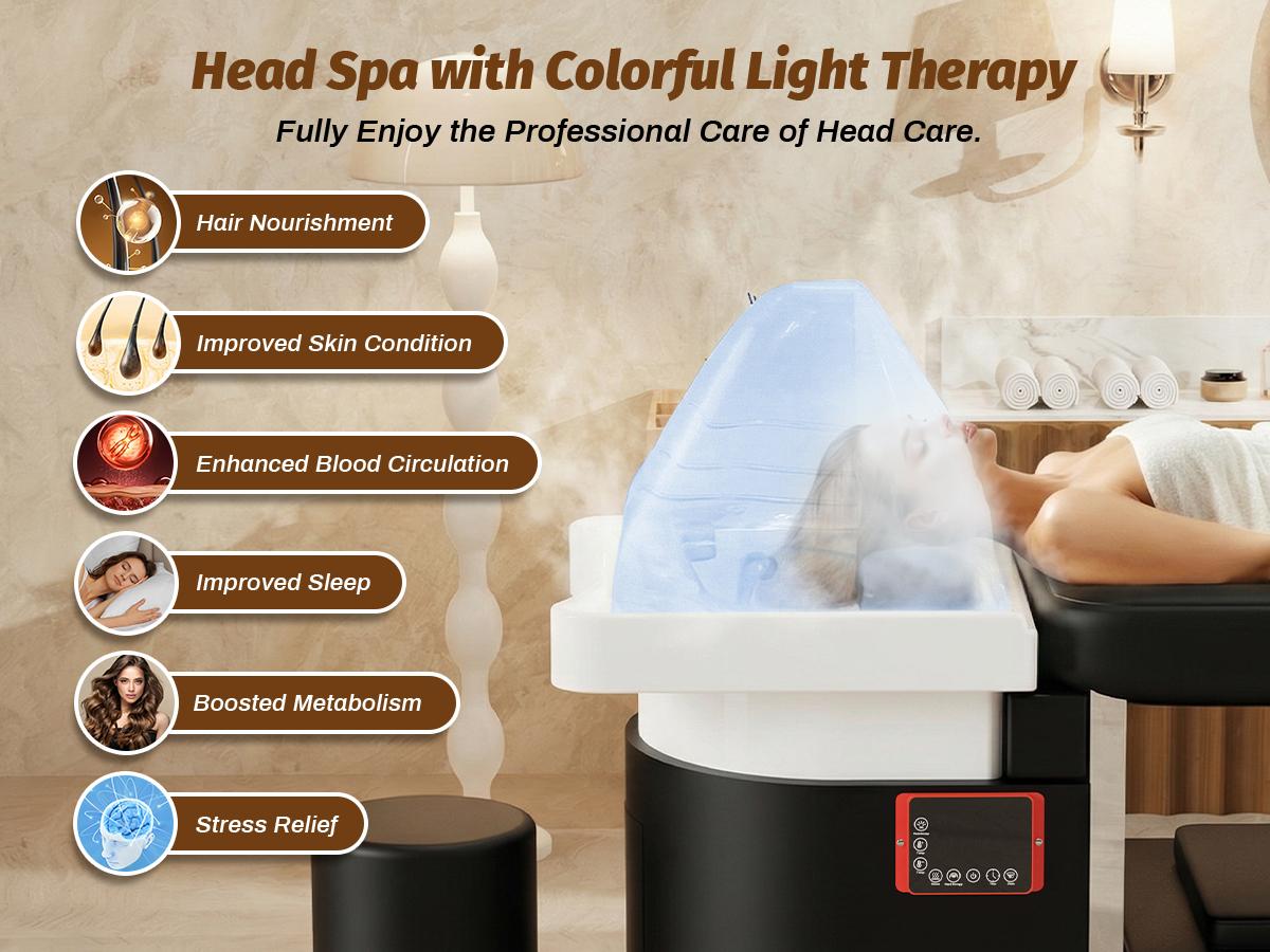 Baasha All-in-One Head Spa Bed with Water Circulation & Steam | 7-Color Light Therapy Massage Table | Memory Foam Shampoo Bed & Facial Station | Professional Scalp Therapy Equipment | Shipped in 3 Separate Packages for Safety