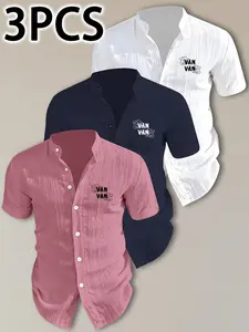 3-Piece Men's Summer Short Sleeve Shirts, Top, Menswear, Lightweight Breathable Solid Button-Up, Stand Collar, Ideal for Beach Vacations, Pool Parties, Casual Wear