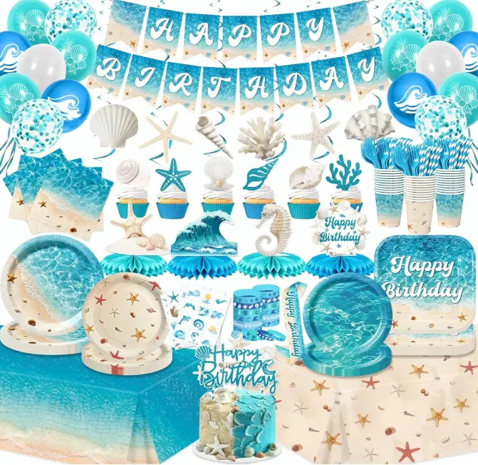 Beach Birthday Party Decorations, Ocean Themed Party Decorations Summer Pool Hawaiian Beach Plates and Napkins Tablecloths Banner Balloons Cupcake Toppers Stickers for Ocean Party Decor Serves 26