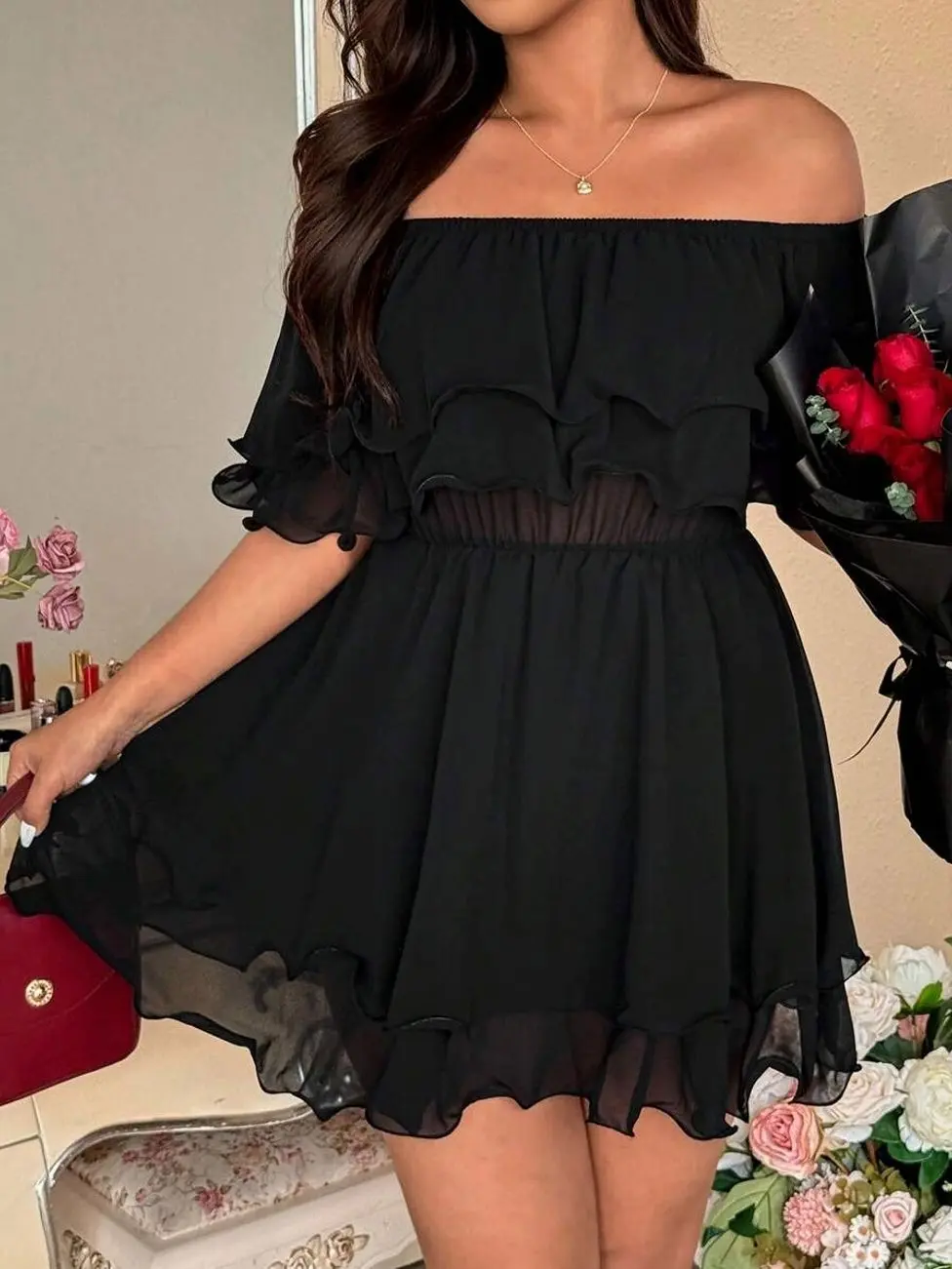 Plus Size Women's Solid Color Elegant Double-Layer Ruffle Off Shoulder Romper Wedding Burnt Orange Summer