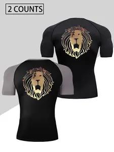 Men's Quick-Drying High-Stretch Slim-Fit T-Shirt, Gym Tees - Lion Pattern Athletic Short-Sleeve, Moisture-Wicking Sportswear, suitable for outdoor running, gym workouts, yoga, and beach activities - Machine washable, casual sportswear, elastic fabric