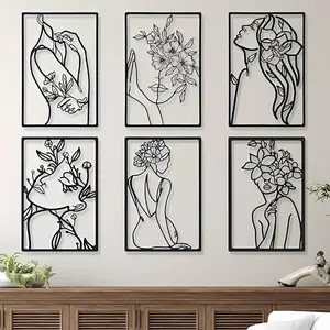 6 Pieces Black Metal Wall Décor Modern Minimalist Abstract Woman Aesthetic Female Wall Sculpture Line Drawing Hanging Hollow Lightweight